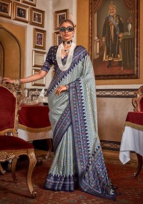Light Grey Printed Silk Saree Set