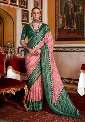 Light Pink Printed Silk Saree Set