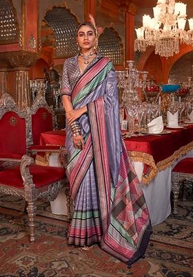 Lavender Printed Silk Saree Set