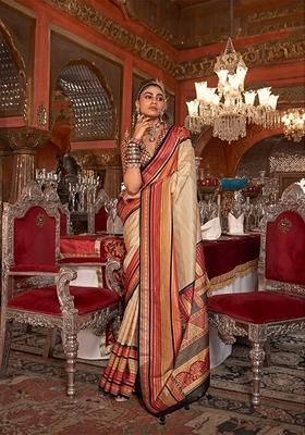 Cream Printed Silk Saree Set