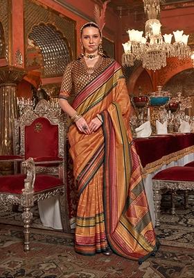 Orange Printed Silk Saree Set