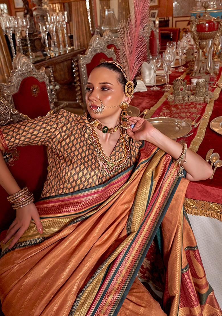 Orange Printed Silk Saree Set