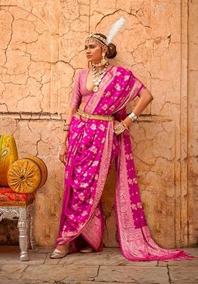 Hot Pink Printed Georgette Saree Set