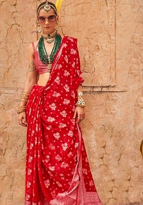 Red Printed Georgette Saree Set