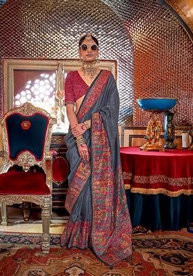 Magenta Printed Silk Saree Set