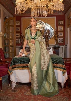 Light Green Zari Woven Tussar Silk Saree Set