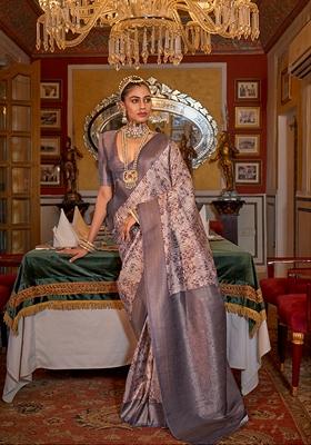 Purple Zari Woven Tussar Silk Saree Set