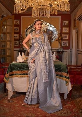 Light Grey Zari Woven Tussar Silk Saree Set