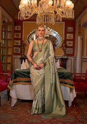 Light Green Zari Woven Tussar Silk Saree Set