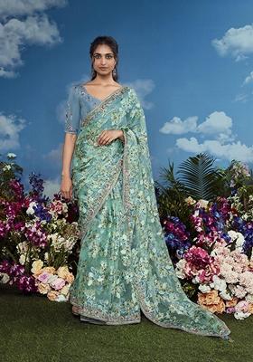 Aqua Blue Embroidered Brasso Saree Set