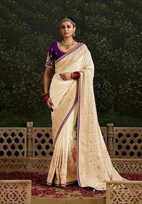 Cream Embroidered Silk Saree Set