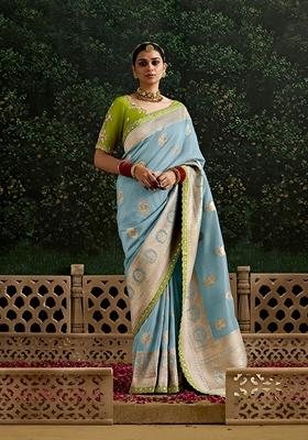 Aqua Blue Embroidered Silk Saree Set