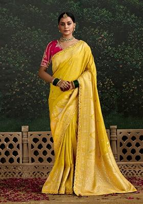 Yellow Embroidered Silk Saree Set