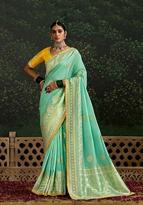 Turquoise Embroidered Silk Saree Set