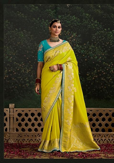 Light Olive Embroidered Silk Saree Set