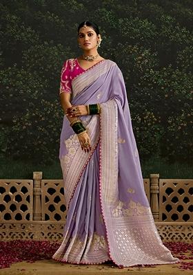 Lavender Embroidered Silk Saree Set