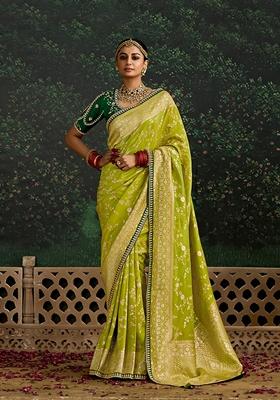 Pear Green Embroidered Silk Saree Set
