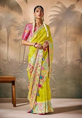 Pear Green Zari Woven Silk Saree Set