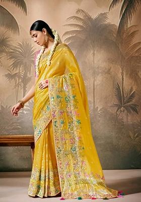 Mustard Zari Woven Silk Saree Set