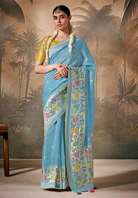 Sky Blue Zari Woven Silk Saree Set