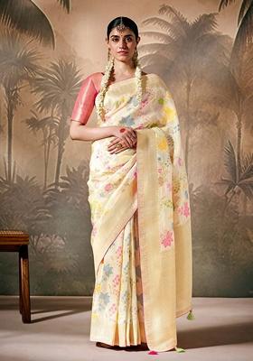 Cream Zari Woven Silk Saree Set