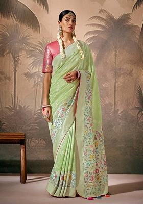 Light Green Zari Woven Silk Saree Set