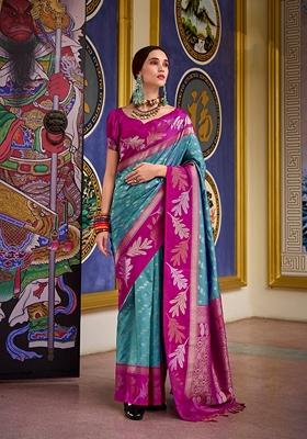 Light Blue Printed Woven Banarasi Silk Saree Set
