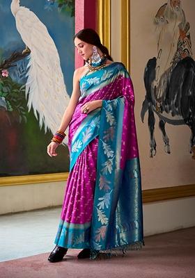Magenta Printed Woven Banarasi Silk Saree Set