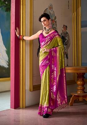 Light Olive Printed Woven Banarasi Silk Saree Set