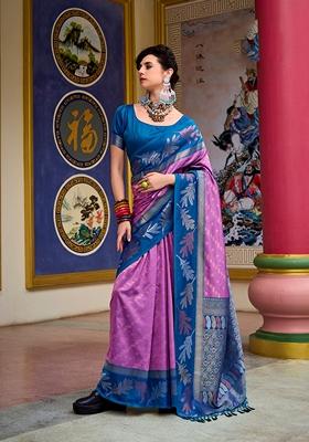 Lavender Printed Woven Banarasi Silk Saree Set