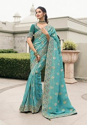 Aqua Blue Embroidered Tissue Saree Set
