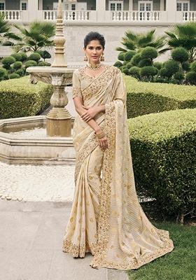 Cream Embroidered Tissue Saree Set