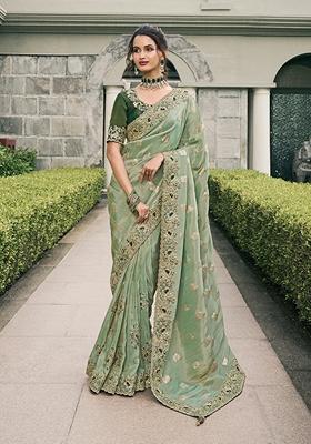 Sea Green Embroidered Tissue Saree Set