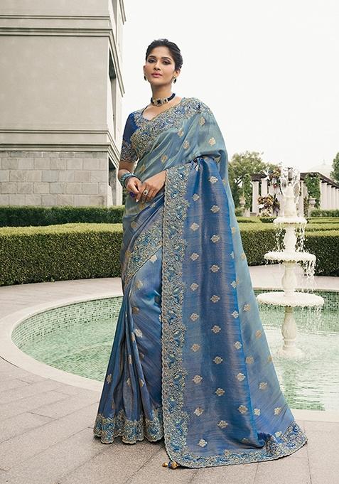 Blue Embroidered Tissue Saree Set