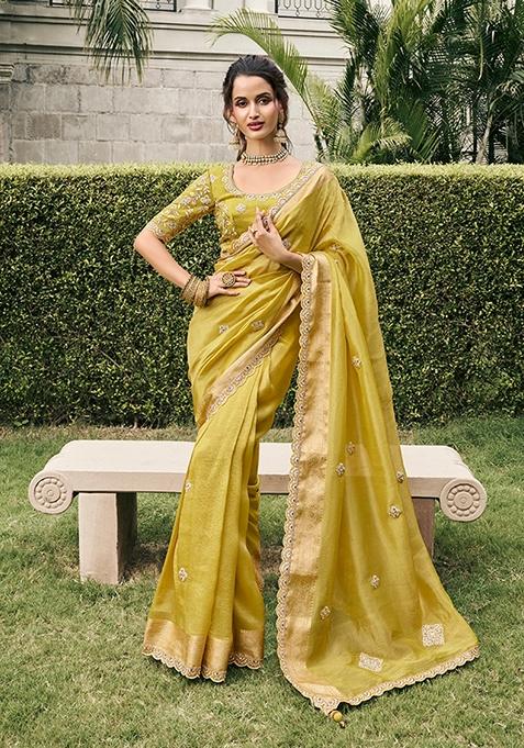 Pear Green Embroidered Tissue Saree Set