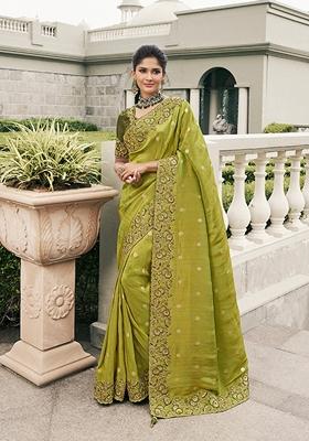 Light Olive Embroidered Tissue Saree Set