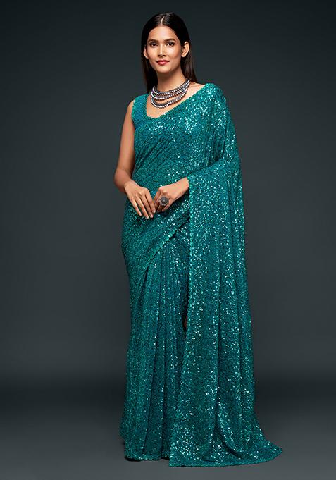 Teal Blue Sequin Thread Embroidered Georgette Saree Set