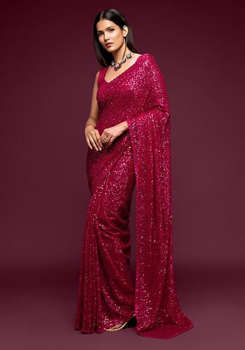 Hot Pink Sequin Thread Embroidered Georgette Saree Set