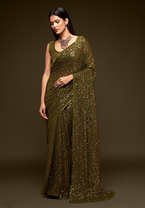 Olive Green Sequin Thread Embroidered Georgette Saree Set