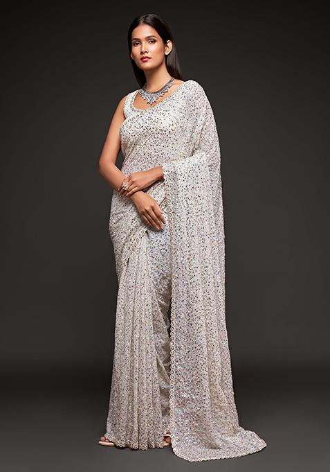 White Sequin Thread Embroidered Georgette Saree Set