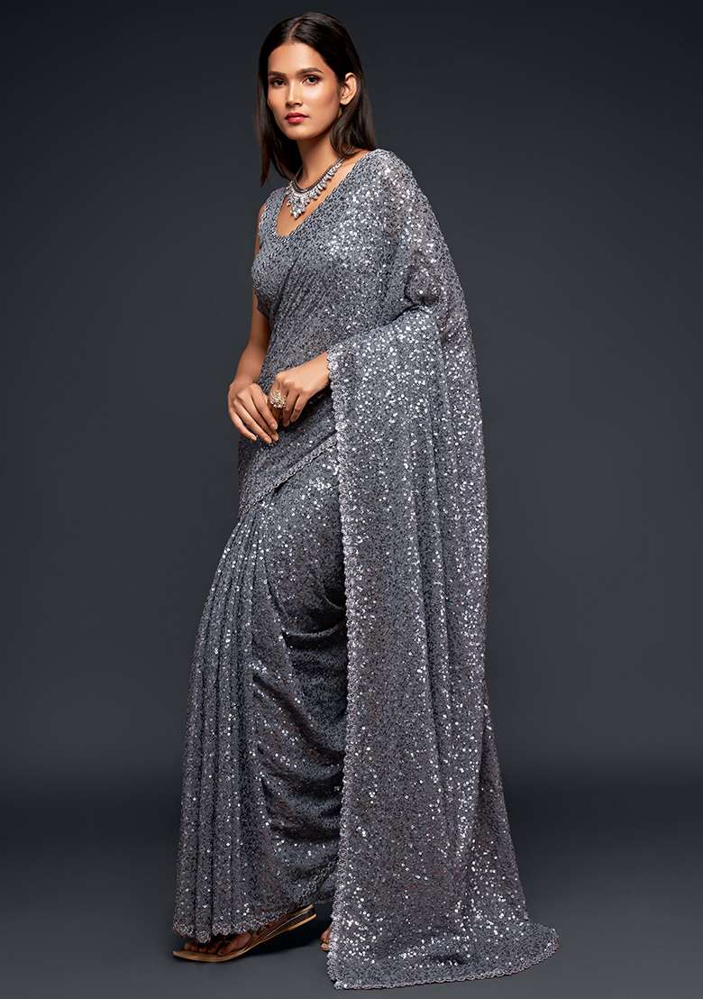 Grey Thread Georgette Saree Set with Embroidered & Sequin for Diwali | Wedding & Festive Wear - Indya
