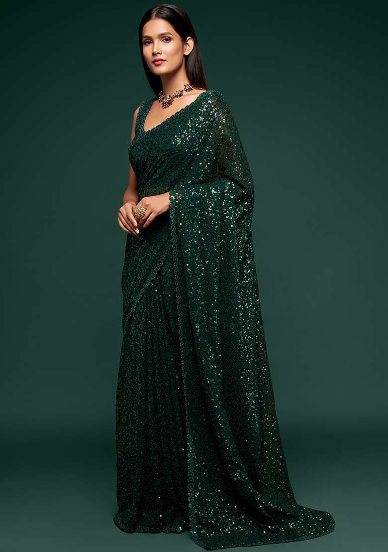 Deep Green Thread Georgette Saree Set with Embroidered & Sequin for Diwali | Wedding & Festive Wear - Indya