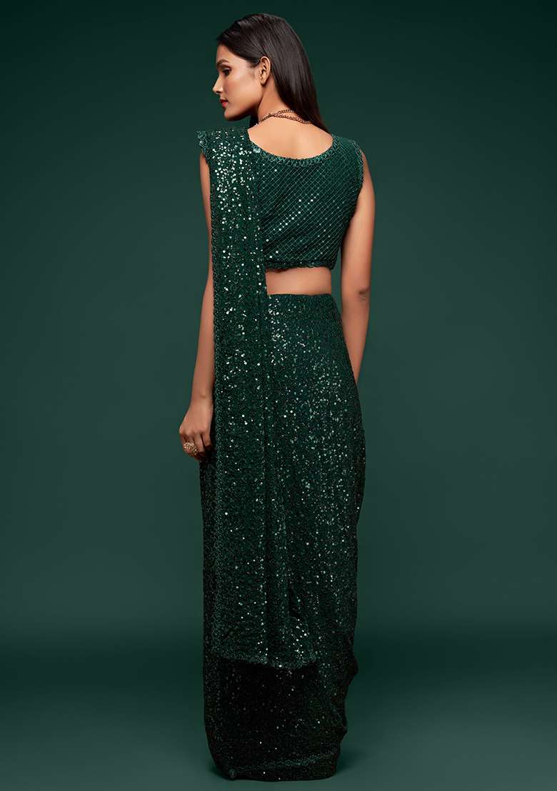 Deep Green Thread Georgette Saree Set with Embroidered & Sequin for Diwali | Wedding & Festive Wear - Indya