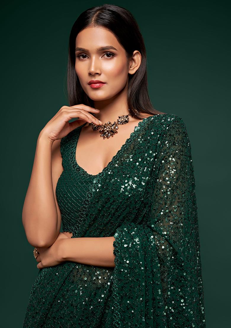 Deep Green Sequin Thread Embroidered Georgette Saree Set