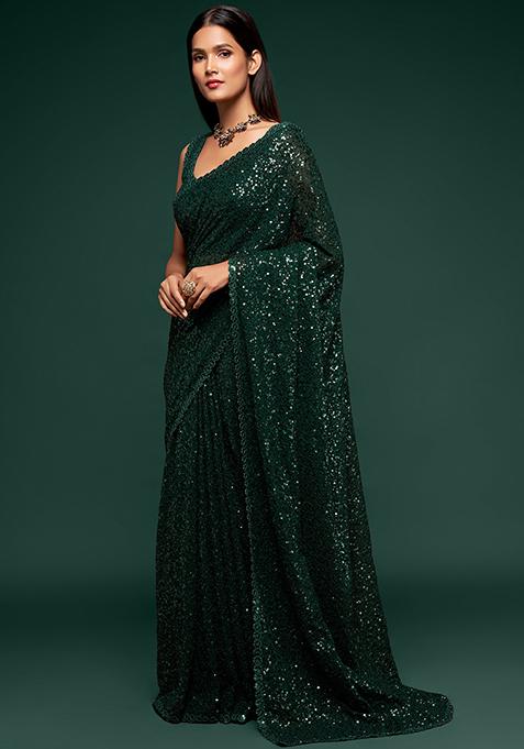 Deep Green Sequin Thread Embroidered Georgette Saree Set