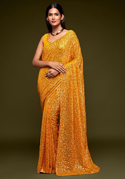 Yellow Sequin Thread Embroidered Georgette Saree Set