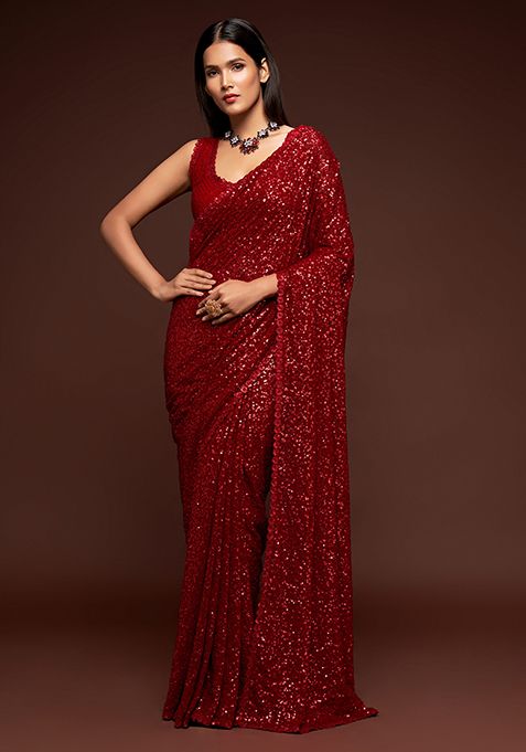 Red Sequin Thread Embroidered Georgette Saree Set