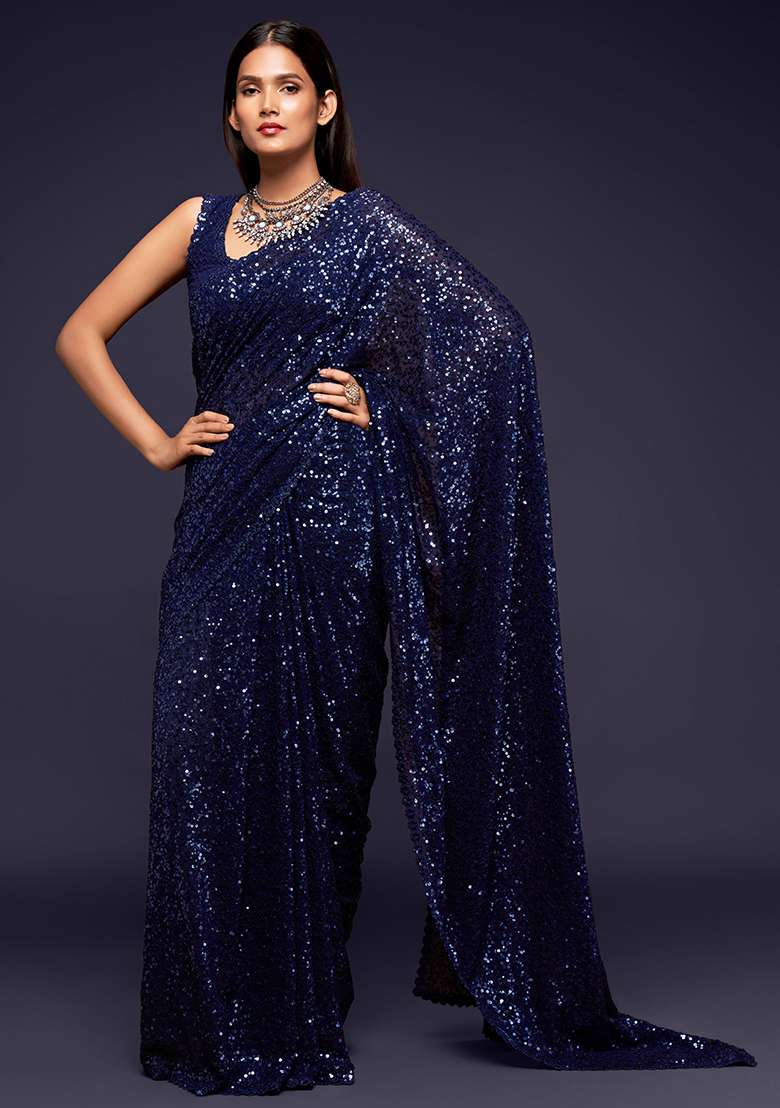 Blue Sequin Thread Embroidered Georgette Saree Set for Diwali and Festive Wear - Indya