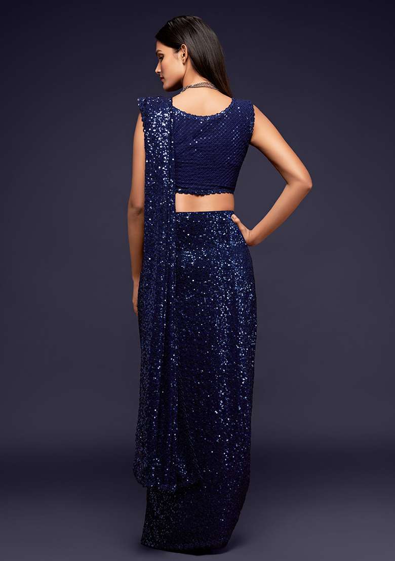 Blue Sequin Thread Embroidered Georgette Saree Set for Diwali and Festive Wear - Indya