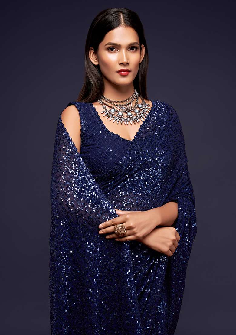 Blue Sequin Thread Embroidered Georgette Saree Set for Diwali and Festive Wear - Indya